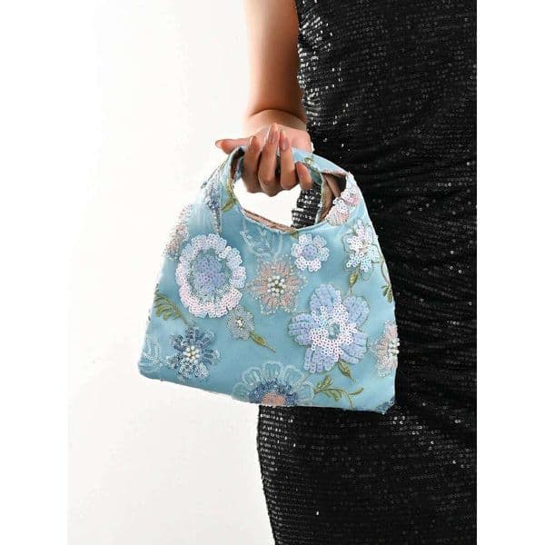 Sequin Exquisitely crafted evening bag with irregular sequin embroidery and Random floral motifs