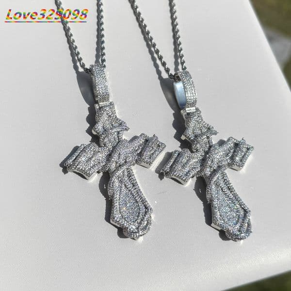 Mens Hip Hop 5A Cubic MoissaniteVVSia Moissanite Cross Pendant Necklace Iced Silver for Wedding Engagement Party White Gold Jewelry