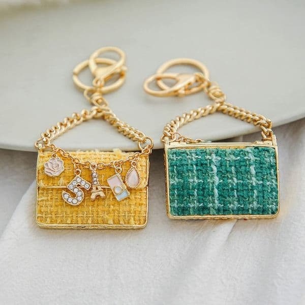 Designer Fashion Jewelry Mini Tweed Bag Keychain with Rhinestone Charms Elegant Metal Key Ring Purse Pendant Cute Gift Accessory for Women Girls