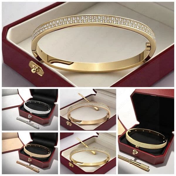 Luxurious 4mm 6mm Full Diamond Bracelets in Gold, Silver & Rose Finish with Complete Box Set