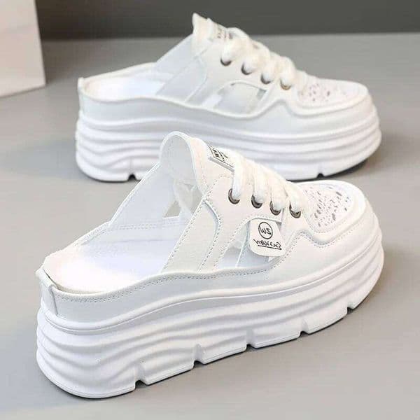 2025 Spring and Summer New Increase Baotou Lady Small White Shoes Muffin Thick Sole Half Slippers