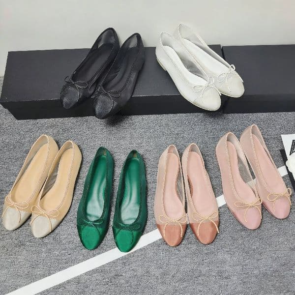 Designer womens formal shoes high-quality mesh 100% leather letter bow ballet shoes plus size womens flat bottomed boat shoes lazy loafers 35-43 leather soles