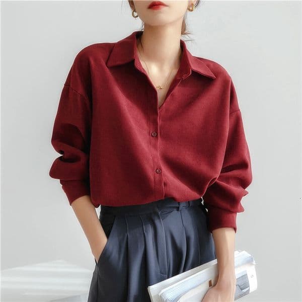 Vintage Red Designer Shirt Corduroy Brushed Shirt For Women Designer Hoodie New For Spring And Autumn 2026 Loose BF Style Thickened Polo Shirt For Layering