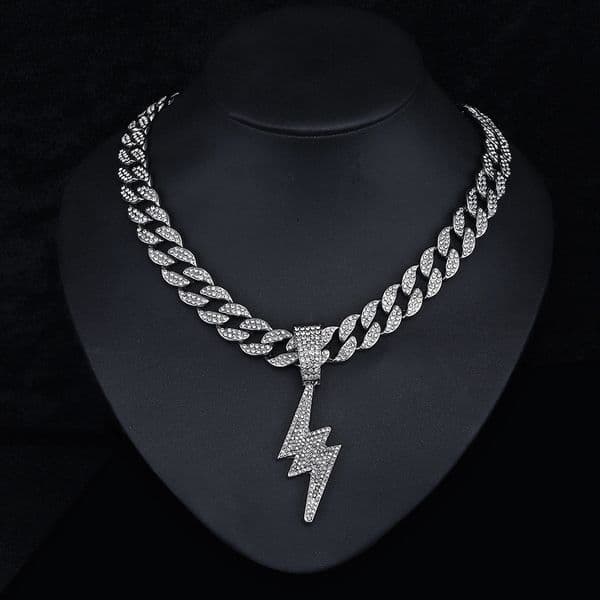 Trendy Men's Cool Full Diamond Lightning Pendant Hip-Hop Style Street Dance Rap Outfit Cuban Chain Necklace