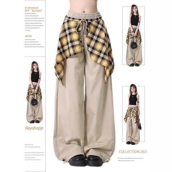 Americn Retro High Street Csul Pnts For Women Plus Size Summer Women's Clothing Loose Hip-hop Designer Pnts Plid Skirt-style Design Floor-length Pnts