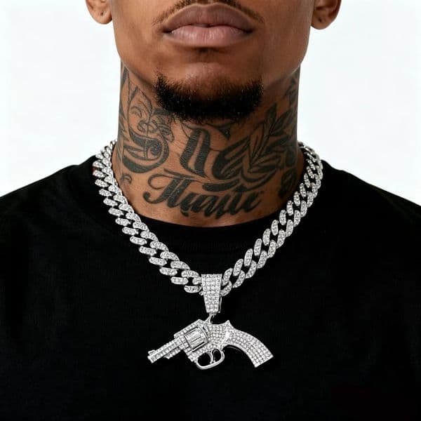 Trendy Exaggerated Punk Street Dance Hip-Hop Outfit Gun Pendant Necklace for Men Nightclub Full Diamond Cuban Chain
