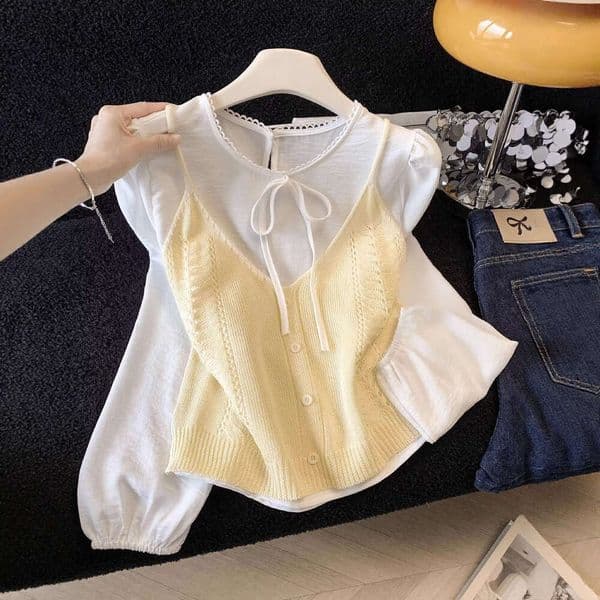 Free Shipping Designer Free Shipping Korean-Style Designer New Lace-Up Shirt Layered With Knitted Camisole For Women In Dopamine Color Series A10390