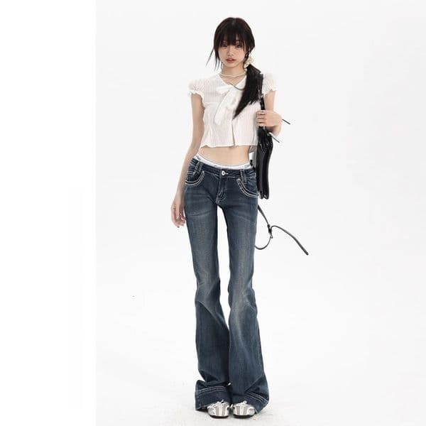 Americn-style Low-wist Flred Jens For Women Utumn New Style Slim-fit Flttering Bell-bottomed Designer Pnts Floor-length Pnts