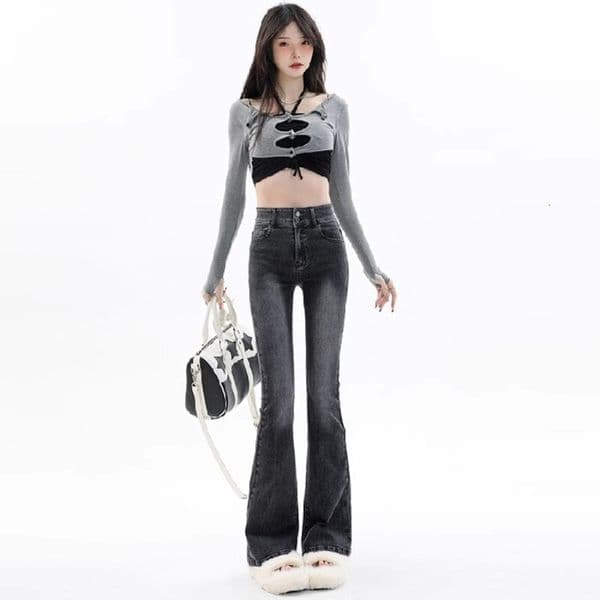 Americn Retro Style Smoky Gry Flred Jens For Designer Pnts Women Trendy Nd Verstile New High-wisted Slim-fit Bell-bottom Pnts