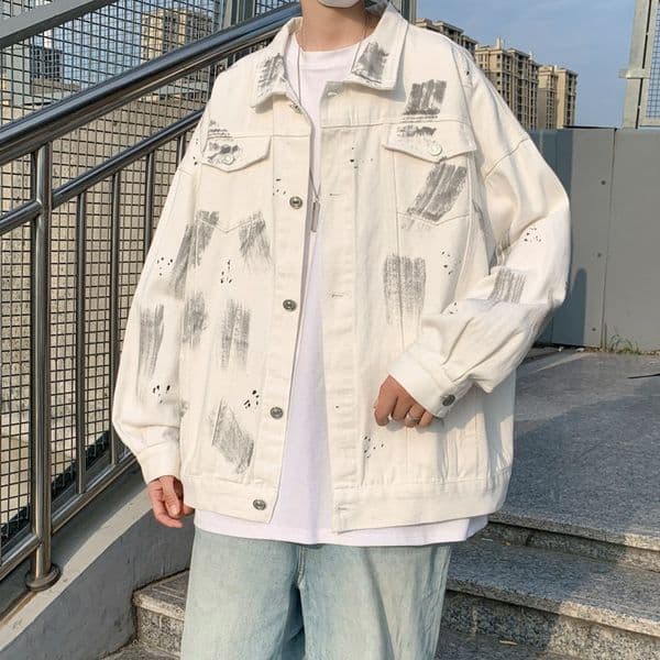 Autumn Niche Pinted Denim Jcket For Men Koren Style Loose Designer Jacket Fit Trendy Turndown Collr Workwer Jcket High Street Cool Nd Stylish Outerwer