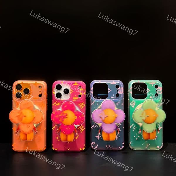 Luxury Designer Neon Matte Phone Case 3D Floral Mascot Figure Grip Stand Cover for iPhone 15 14 13 Pro Max