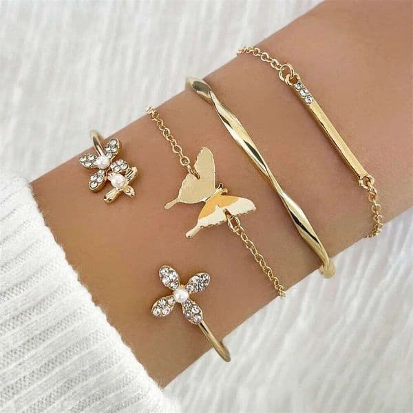 Vintage Gold Color Cuff Set of 4 Stainless Steel Butterfly Combination Fashion Elegant Bracelet Jewelry Gifts C260303