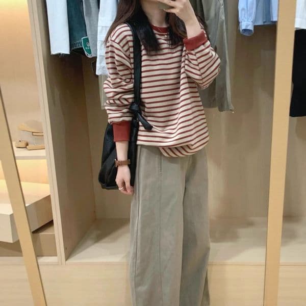 Factory Polo Shirt Korean Style Early Designer Hoodie Autumn New Red Striped Sweatshirt For Women Lazy High-end Loose Casual Long Designer Shirt Sleeve Top