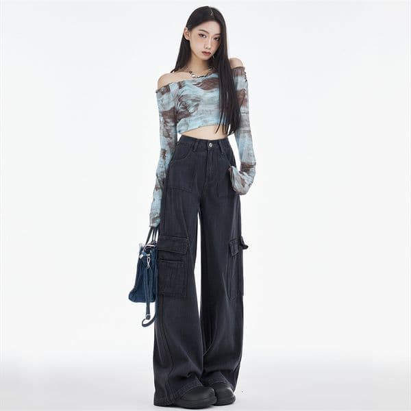 Trendy Cool Crgo Pnts For Women Loose Fit Designer Pnts Autumn Winter New Design High Wist Slimming Wide Leg Denim Csul Pnts