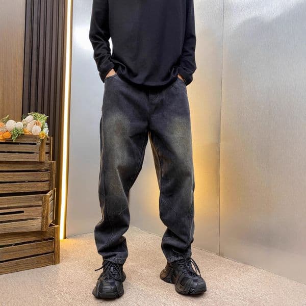 Spring And Autumn Washed Designer Pants Elastic Waist Jeans For Men Trendy Loose Straight-leg Stylish Patchwork Harem Pants