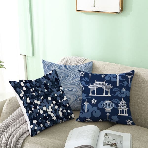 Soft Plush Cushion Cover Chinese Style Abstract Geometric Print 44x44cm Office Lumbar Pillow Cover with Pillow Core