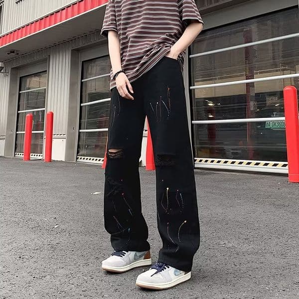 Designer Pants Trendy American-style Splatter-paint Straight-leg Curved-cut Pants For Men Summer Edition Loose Retro Casual Pants Trendy Brand Loose Jeans