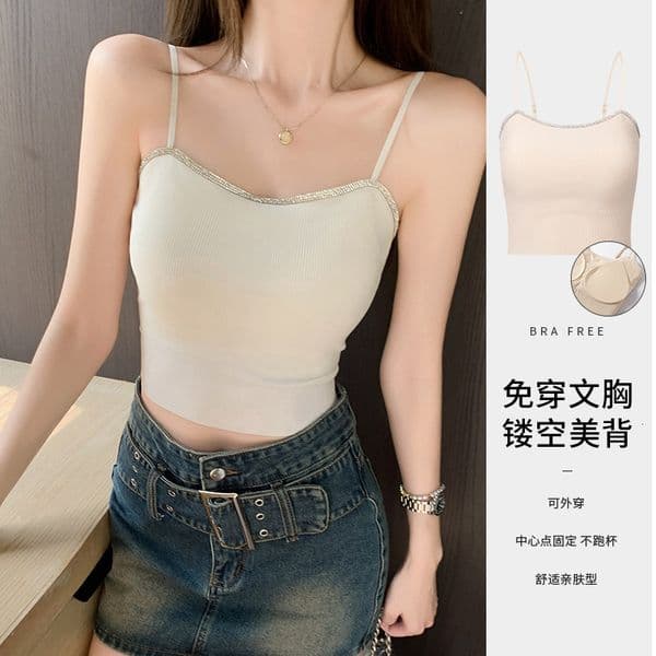 H273 Premium Rhinestone-embellished Camisole With Chest Pads For Women Designer Shirt Slim-fit Short Hollow-out Designer Hoodie Beautiful Back Polo Shirt Top For