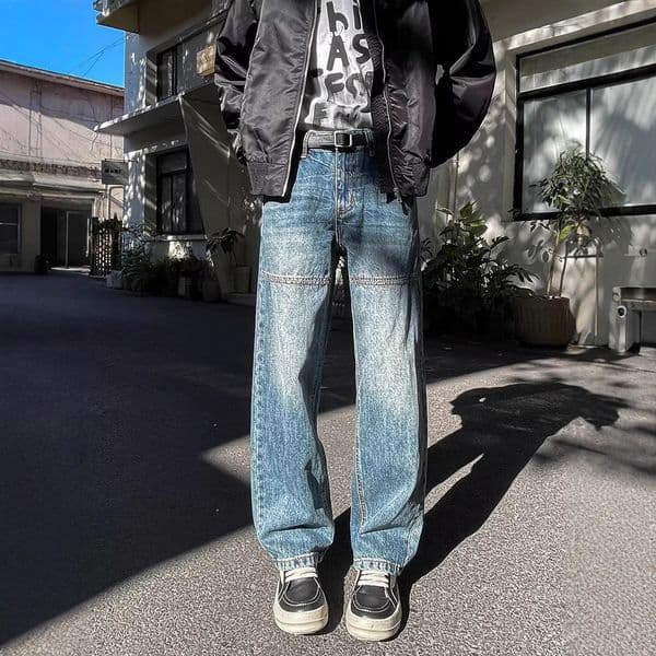 Washed Vintage Blue Loose Designer Pants Straight Jeans For Men Japanese Street Style Trendy Patchwork Design Casual Long Pants