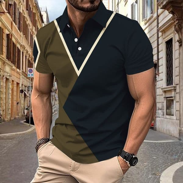 Summer New Digital Polo Shirt Print Color Block Button Short Sleeve T-shirt Men's POLO Shirt