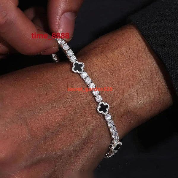 Fashion S925 Silver 345mm Mossanite Tennis Bracelet Natural Black Agate Onyx Clover Tennis Chain Jewelry Bracelet