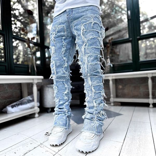 WISH European And American Men's Fashion Trendy Designer Pants Ins Stretch Tassel Patch Denim Straight-leg Pants