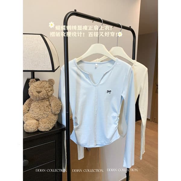 Korean-style Petite V-neck Designer Shirt Embroidered Patchwork Base Shirt For Designer Hoodie Women 2026 Spring Waist-cinching Ruched Polo Shirt T-shirt Top