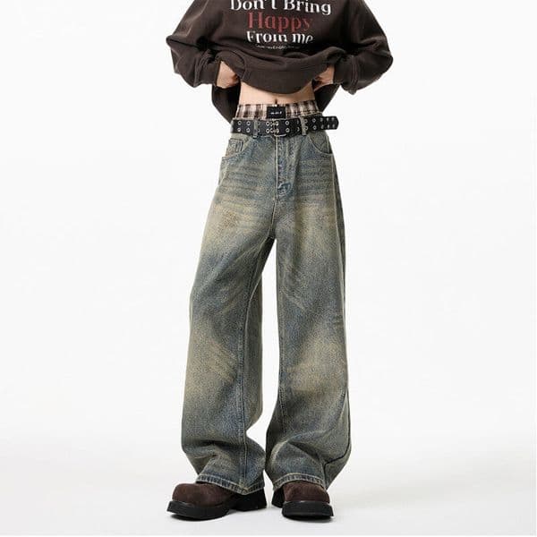 Vintage Blue Distressed Washed Denim Jeans For Men Spring And Autumn Designer Pants Loose Straight-leg American-style Wide Leg Casual Long Pants With A Slight Flare