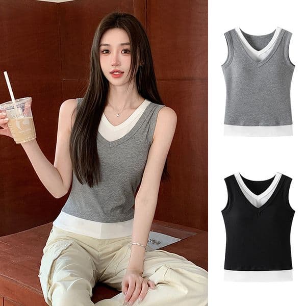 Fake Two-piece V-neck Camisole For Women Spring/summer Designer Hoodie Slim Designer Shirt Fit With Chest Pads Suitable For Outerwear Or Polo Shirt As A Base Layer