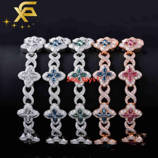 ColorFul Moissanite Four Leaf Clover Bracelet S925 Silver Colored Marquise Cut Moissanite Infinity Link Clover Cuban Bracelet