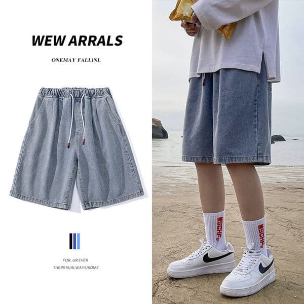 Summer Drawstring Denim Shorts For Men Korean Style Trendy Ins Loose Straight Unisex Five-point Shorts Beach Casual Designer Pants Mid-length Shorts