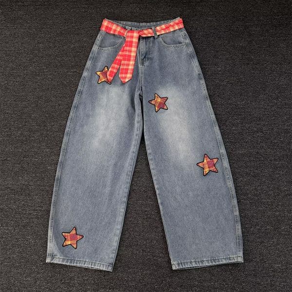 Blue Women's Jeans With Floral Embroidery Washed Straight-leg Pants Trendy Design Designer Pants Loose And Versatile Long Pants