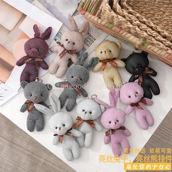 10cm Shiny Silk Teddy Bear Plush Toy Doll Pendant Soft Stuffed Rabbit Keychain Wedding Xmas Decorations Kids Birthday Gift