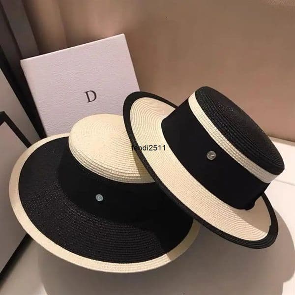 Wide Brim Hats Bucket Hats Women Sun Hepburn Style Black White Color Flat Top Straw Hat M British Fashion French Elegant Hat 251016