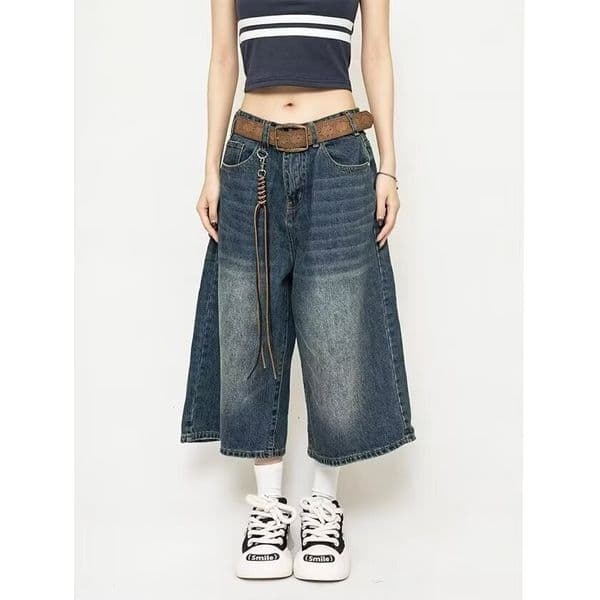 American Retro Designer Pants Loose-fit Washed Distressed Cropped Denim Shorts For Men And Women With A High Street Design And Wide-leg Mid-length Cut