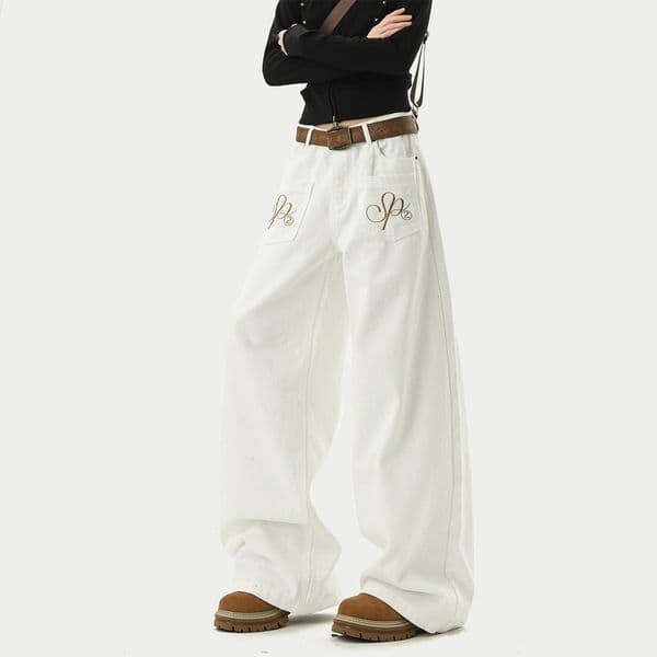 American-style Reverse-wear Letter-embroidered Jeans Designer Pants For Women And Men Autumn Trendy Brand Loose Wide-leg Design Straight Casual Pants