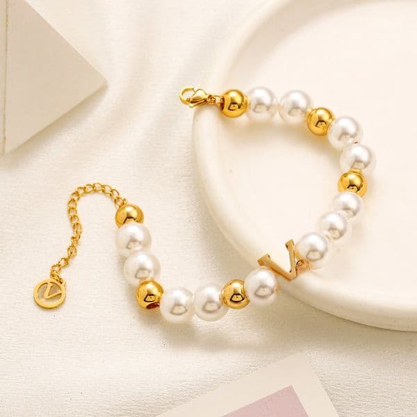 New Gold - Toned Pearl Letter Detail Jewelry Set (Necklace + Bracelet) Delicate Daily Elegant Gift For Her High - Quality And Stylish Accessory