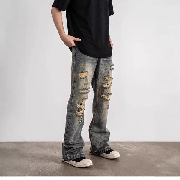 American Designer Pants Retro Washed Distressed Jeans For Men Loose Straight Fit Trendy Brand Stylish With A Slight Flare Design