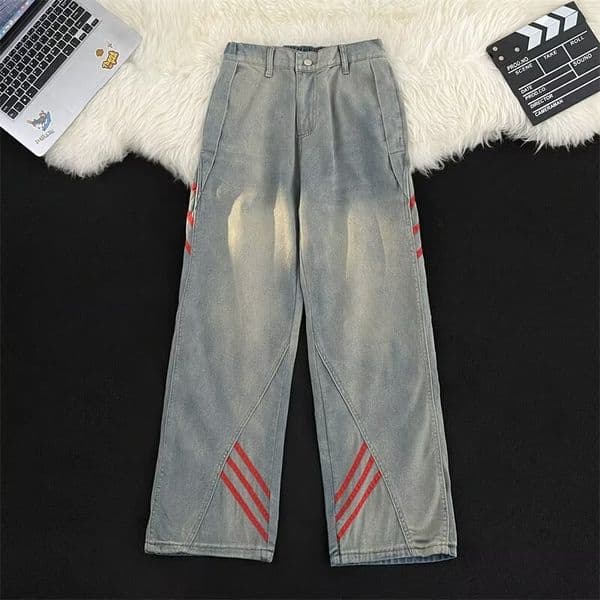 Vintage Wide-leg Jeans For Men Straight And Loose Fit American High Designer Pants Street Style Striped Denim Trendy Design Autumn Wash