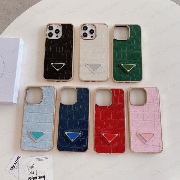 Luxury Polish Crocodile Grain Leather Phone 17 16 15 14 Plus 13 12 11 Pro Max Ultra Thin Tri-angle Letter Designer Shockproof Plating TPU Bumper Cover 16pro 15pro 14pro