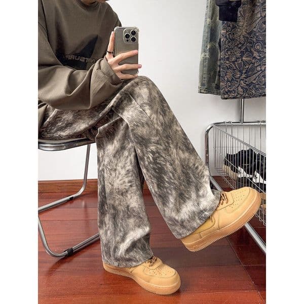 American Retro Tie-dye Designer Pants Printed Jeans For Men Spring/summer Style Trendy Streetwear For Teenagers Straight-leg Slim-fit Long Pants