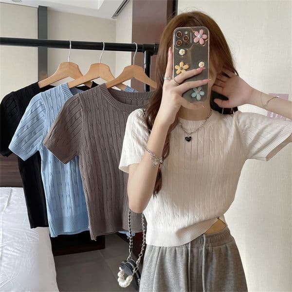 Vintage Round Neck Short Sleeve T-shirt Polo Shirt Knitted Top Women's Thin Summer Design Slim Designer Shirt Fit Designer Hoodie Short Student Top