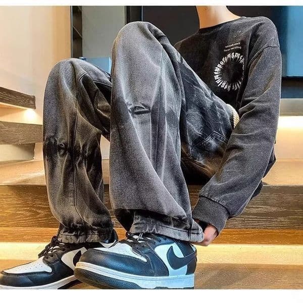 American-style Pants With Drawstring Designer Pants Elastic Waist Tie-dye Denim Jeans For Men Loose Straight-leg Washed High-street Work Pants
