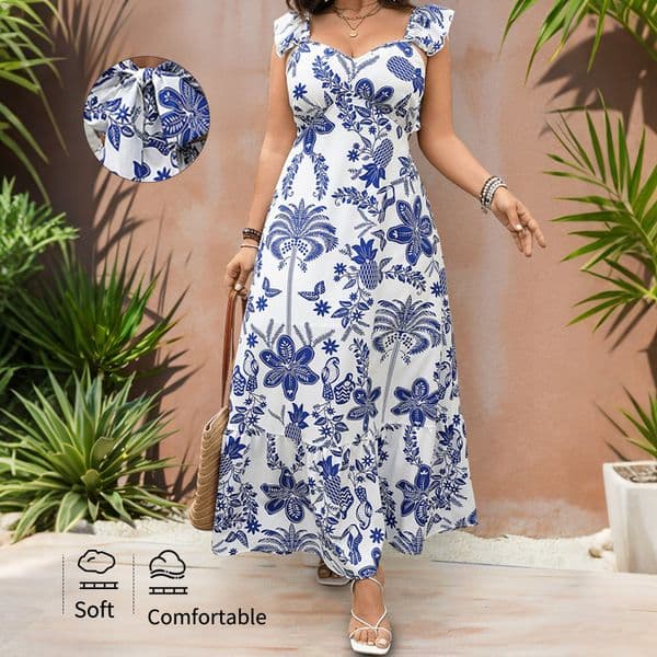 Q0058 New long dress women's fashion printed waist square neck suspender loose dress