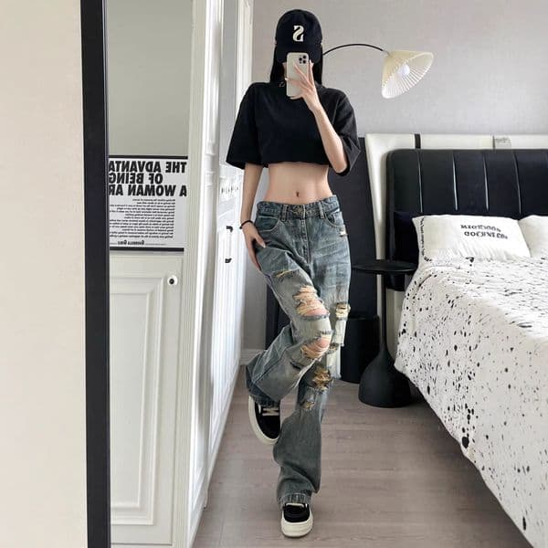 High Street Vintage Jeans For Women Summer Korean Style High-waisted Slimming Designer Pants Petite Straight Wide-leg Pants Trendy