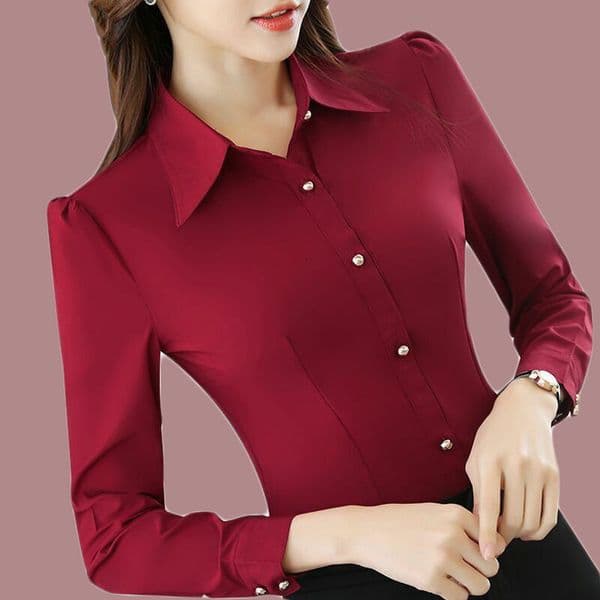 Red And Black Women's Long-sleeve Solid Color Shirt Korean Style Professional Polo Shirt Attire Slimming Designer Hoodie Designer Shirt Workwear Top Base Shirt
