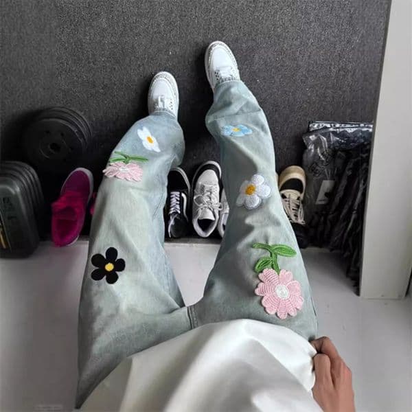 European And American Hip-hop Street Style Pants For Men High-end Design With Designer Pants Floral Embroidery Loose Straight-leg Jeans For Men