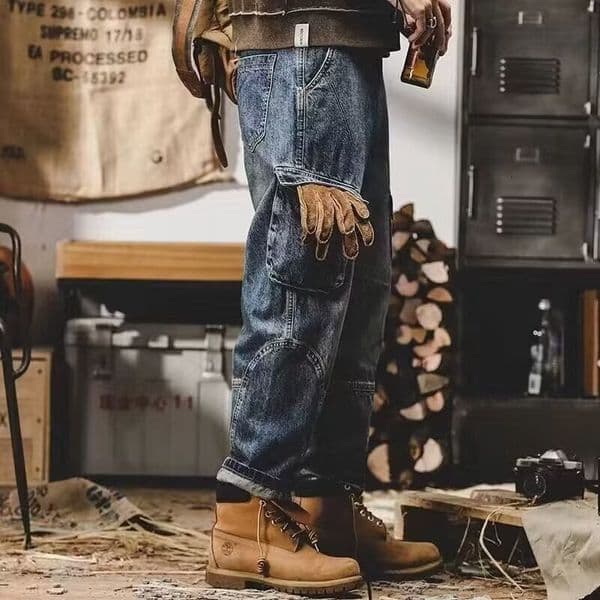 American Retro Designer Pants Men's Jeans Autumn Trendy High Street Large Pocket Cargo Pants Loose Fit Plus Size Versatile Casual Pants For Men