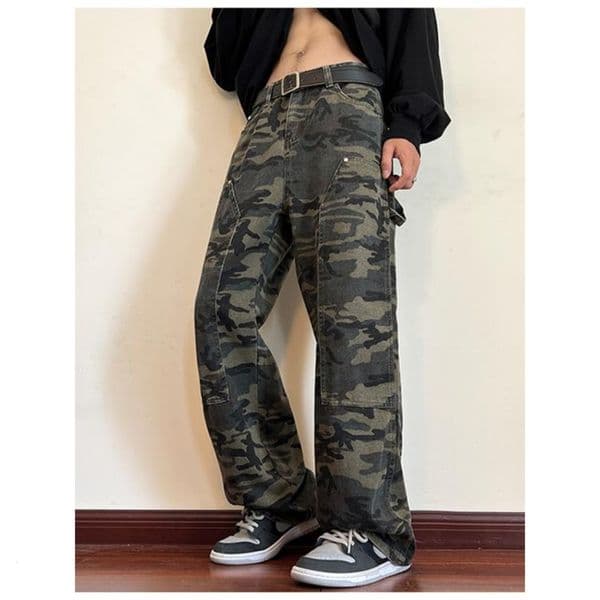 Trendy Niche Camouflage Workwear Jeans For Men American Style Cool And Stylish High Designer Pants Street Loose Straight Wide-leg Pants For Spring And Autumn
