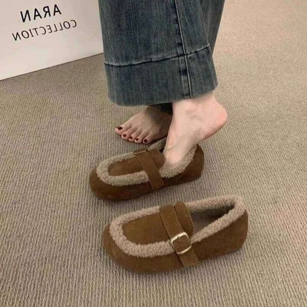 Smile New Autumn Winter Suede Retro Fleece-Lined Loafers Warm Slip-on Soft Soled Ladies Women's Cotton Shoes